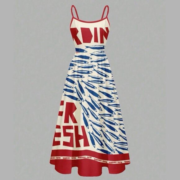 Women Fit & Flare Dress Size S Print Sardines Blue Red Square Neck Sleeveless - Picture 6 of 11